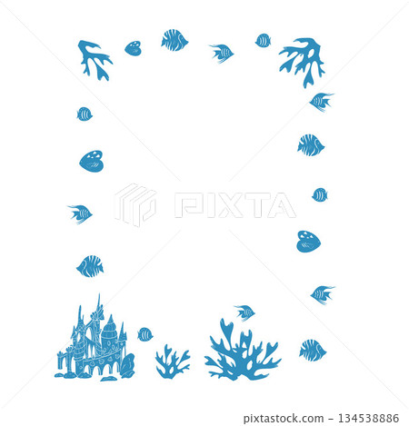 Doodle frame of fish, mermaid castle, seaweed and corales. Frame on the theme of sea vacation. Vector illustration Doodle frame of fish, mermaid castle, seaweed and corales. Frame on the theme of sea vacation. Vector illustration 134538886