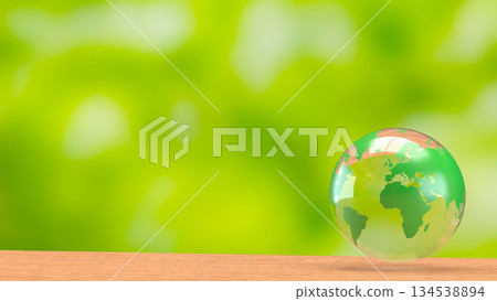 Transparent Green Earth Globe on Wooden Surface with Fresh Eco Background 3d render. Transparent Green Earth Globe on Wooden Surface with Fresh Eco Background 3d render. 134538894