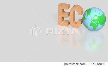 Eco Concept with Wooden Letters and Green Earth Globe on Clean Background 3d render. Eco Concept with Wooden Letters and Green Earth Globe on Clean Background 3d render. 134538898