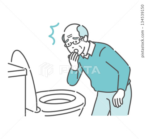 Illustration of an elderly man shocked by the sight of feces in the toilet (bloody stool, bloody bowel movements, abnormal findings) Illustration of an elderly man shocked by the sight of feces in the toilet (bloody stool, bloody bowel movements, abnormal findings) 134539150