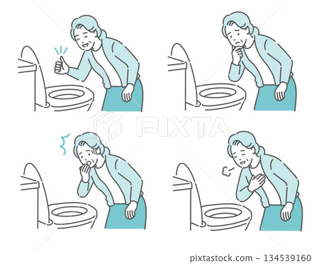 Illustration set of an elderly woman checking the condition of her stool in the toilet (OK, trouble, surprise, relief) 134539160