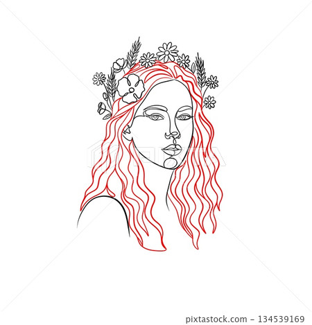 Minimalist one-line illustration of a woman with a floral crown, modern continuous line art with elegant botanical details. Minimalist one-line illustration of a woman with a floral crown, modern continuous line art with elegant botanical details. 134539169