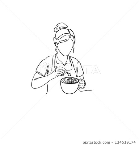 Minimalist continuous line illustration of a barista creating latte art. 134539174