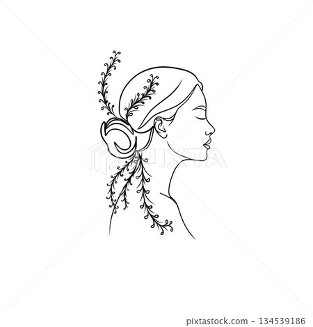 Minimalistic line art illustration of a woman in profile with botanical elements, featuring elegant feminine outlines and modern continuous-line style. Minimalistic line art illustration of a woman in profile with botanical elements, featuring elegant feminine outlines and modern continuous-line style. 134539186
