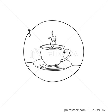 Hand-drawn continuous line art of a warm coffee cup on a plate. Minimal artwork, aesthetic and trendy for editorial use, lifestyle blogs, and cozy-themed designs. 134539187