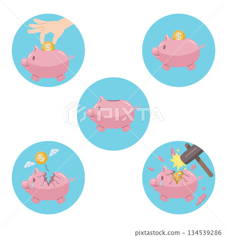 包含一枚帶有美元符號的硬幣和一個存錢筒的圖標集 134539286