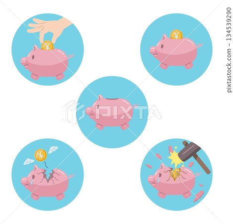 Icon set of a coin with a ¥ symbol and a piggy bank Icon set of a coin with a ¥ symbol and a piggy bank 134539290