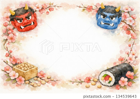 節分圖：惡魔、豆子、江方捲、水彩畫 134539643