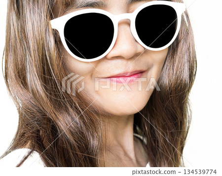 Woman Sunglasses Brown Hair Lifestyle Travel Summer Tropical, Young People Face Skin Tan Model on Blue Wall with Overlay Sun, Portrait Girl Pretty Posing, Eye patch Pterygium Surgery Eye Medical 134539774