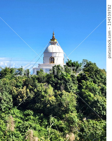 尼泊爾博卡拉山上的世界和平塔與白色佛塔 尼泊爾博卡拉山上的世界和平塔與白色佛塔 134539782