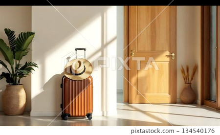 A suitcase and a hat are placed on the floor by the door, hinting at summer vacation and travel adventures ahead 134540176