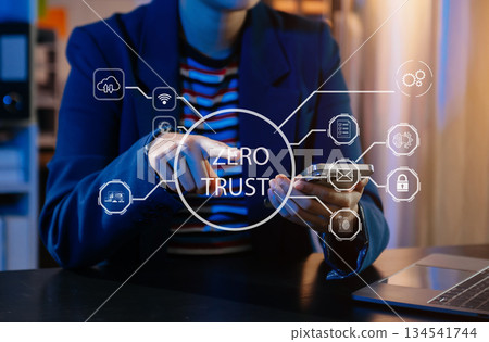 Zero trust security concept Person using computer and tablet with zero trust icon on virtual screen Zero trust security concept Person using computer and tablet with zero trust icon on virtual screen 134541744