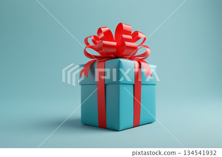 Blue gift box with red ribbon Blue gift box with red ribbon 134541932