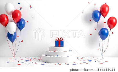 Red, white, and blue balloons and gifts arranged on a white background, representing the celebration of France's National Day 134541954
