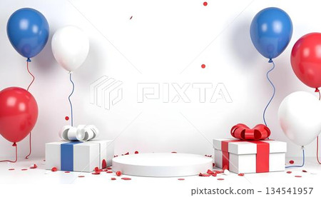 Red, white, and blue balloons and gifts on a white background, celebrating the French National Day, July 14th 134541957