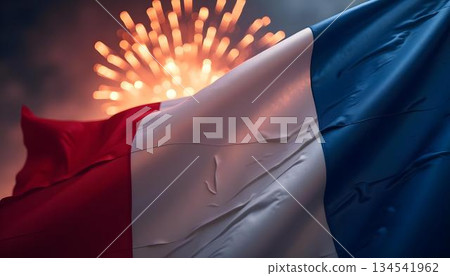 Fireworks illuminate the sky over France's national flag 134541962