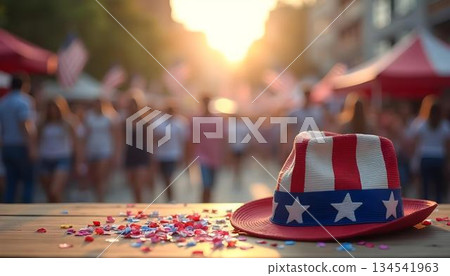 A table holds a patriotic hat while a cheerful crowd celebrates Independence Day, embodying the spirit of July 4th 134541963