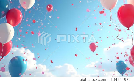 Numerous red, white, and blue balloons drift upward, celebrating France's national day, July 14th, in a festive atmosphere 134541973