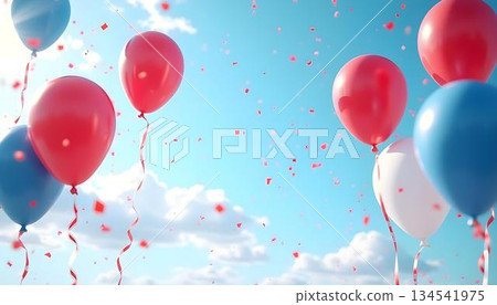 Colorful red, white, and blue balloons rise into the sky, marking France's national celebration on July 14th 134541975