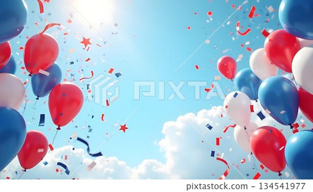 A cluster of red, white, and blue balloons floats in the air 134541977