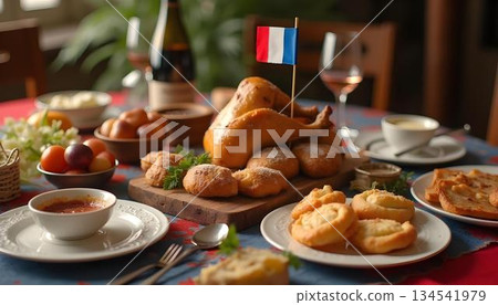 A celebratory table with food and wine 134541979