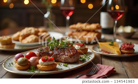 French culinary dish on a plate with the French flag, with a blue, white, and red theme 134541983