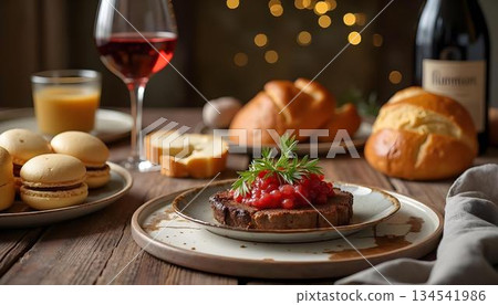 A plate of French cuisine adorned with the French flag, against a colorful backdrop 134541986