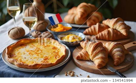 A traditional French breakfast of croissants and wine, surrounded by the colors of the French flag for July 14th 134541994