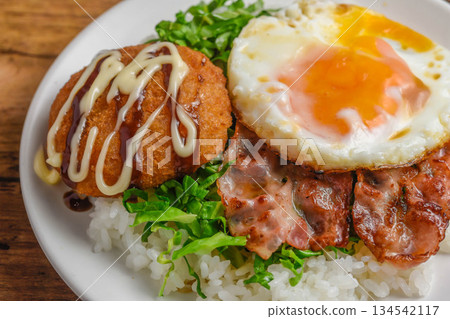 Bacon, eggs and croquettes lunch 134542117