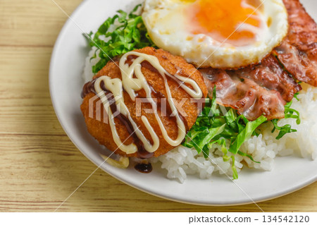 Bacon, eggs and croquettes lunch 134542120