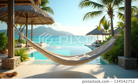 A hammock stretches over the pool's edge, creating a serene spot for relaxation on a warm summer afternoon 134542752