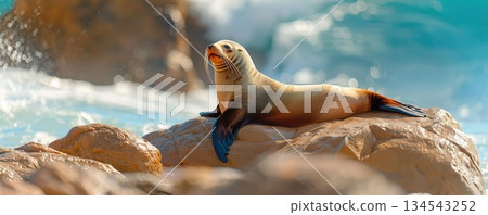 A seal basking on a rock by the ocean 134543252