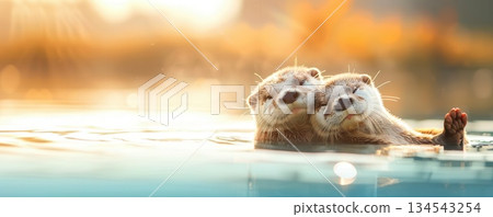 Playful otters holding hands while floating on their backs, calm waters reflecting the sky, adorable relaxation 134543254
