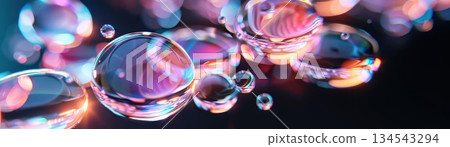 Abstract iridescent bubbles floating in dark space 134543294