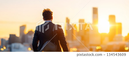 from a rear view, a person is gazing upon a cityscape. the individual is wearing a dark colored professional suit and a bag is hanging from their shoulder from a rear view, a person is gazing upon a cityscape. the individual is wearing a dark colored professional suit and a bag is hanging from their shoulder 134543609