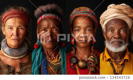 Three diverse people in traditional attire looking at the camera against a black background. Three diverse people in traditional attire looking at the camera against a black background. 134543728