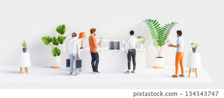 Minimalist illustration of people standing in line at a counter with plants. 134543747