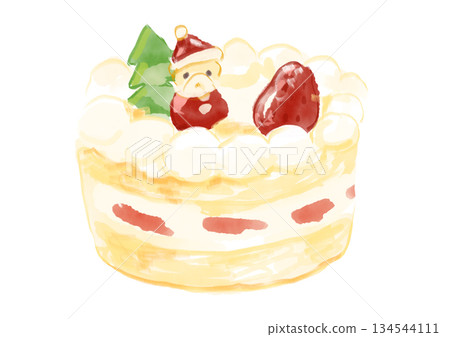 一幅手繪水彩插圖，描繪了一個生動可愛、看起來十分美味的聖誕老人和一個帶有聖誕樹的完整聖誕蛋糕。 134544111