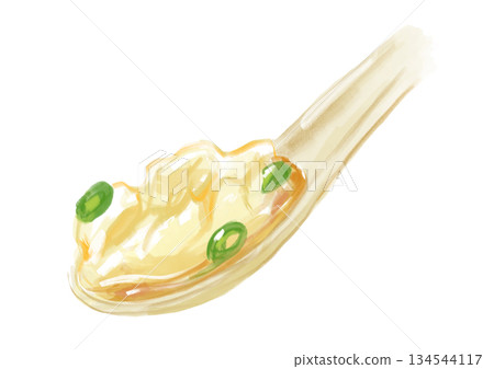 Hand-drawn watercolor illustration of plump and delicious boiled dumplings on a spoon Hand-drawn watercolor illustration of plump and delicious boiled dumplings on a spoon 134544117