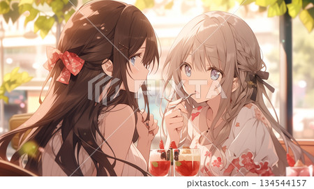 Two beautiful anime girls enjoying sweets at a cafe 134544157