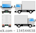 Front, rear, and side views of a truck (van body type, green license plate) 134544638