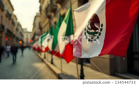 Festive atmosphere in Mexico City for Independence Day, showcasing Mexican flags, traditional dishes, and lively celebrations 134544733