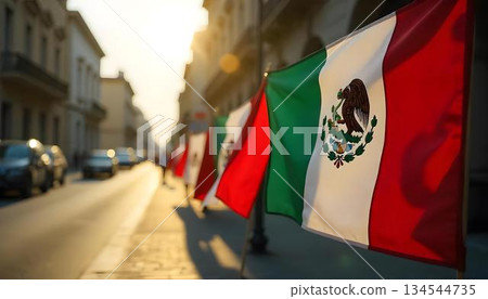 Colorful Mexican flags and traditional food adorn a festive scene celebrating Mexico Independence Day in Mexico City 134544735