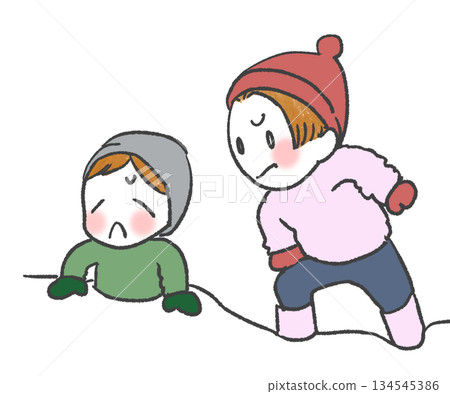 Children struggling after getting stuck on snowy roads due to heavy snow Children struggling after getting stuck on snowy roads due to heavy snow 134545386