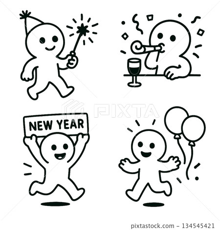 New year celebration character with party hat sparkler and balloons New year celebration character with party hat sparkler and balloons 134545421
