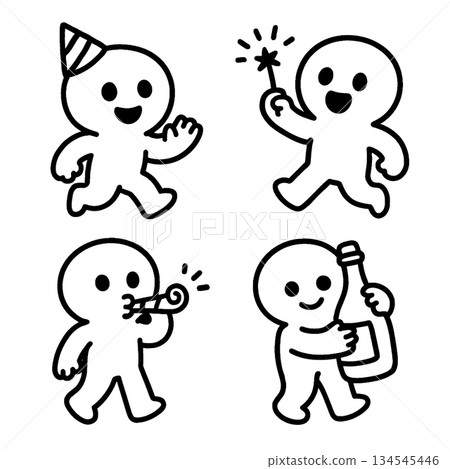 Party characters with celebration hat and confetti wand smiling happily 134545446