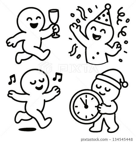 Party characters celebrating with music and countdown clock, joyful festive icons Party characters celebrating with music and countdown clock, joyful festive icons 134545448