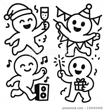 Happy party characters celebrating with music, gifts, hats and confetti 134545449