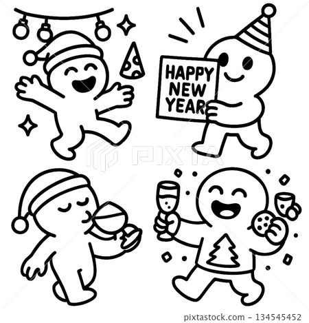 Happy new year party characters celebrating with drinks and confetti Happy new year party characters celebrating with drinks and confetti 134545452