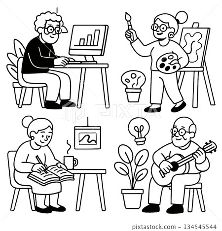Isolated separated layered lineart outline of elderly people doing creative activities happily 134545544